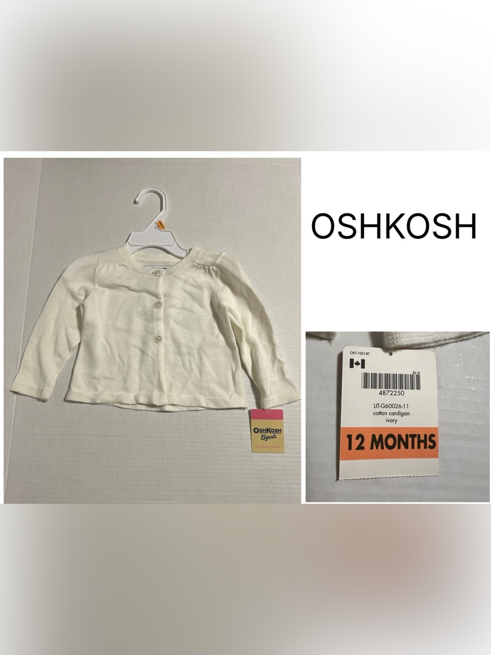 OSHKOSH - 12M - NWT - INFANT GIRLS CREAM WHITE KNIT CARDIGAN SWEATER